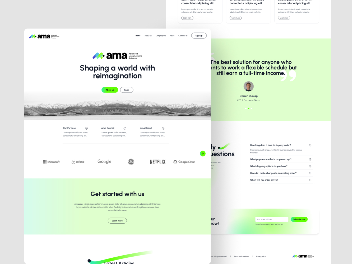 AMA website homepage, testimonial, FAQ and call-to-action layouts