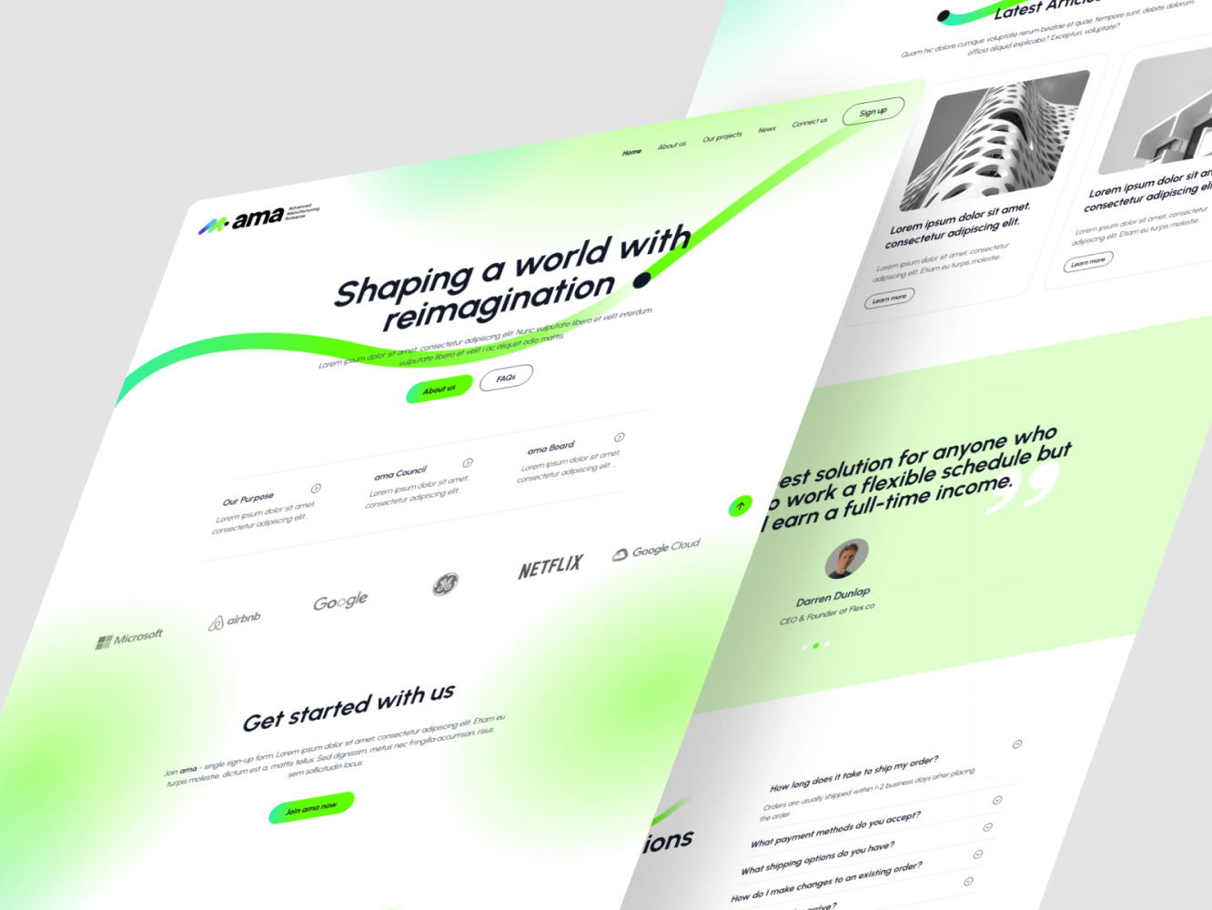 Angled presentation of AMA homepage and testimonial screens