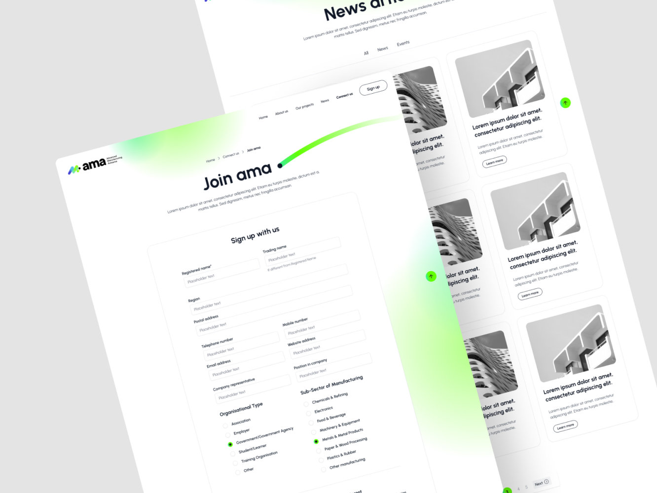 AMA membership registration form and news article page designs