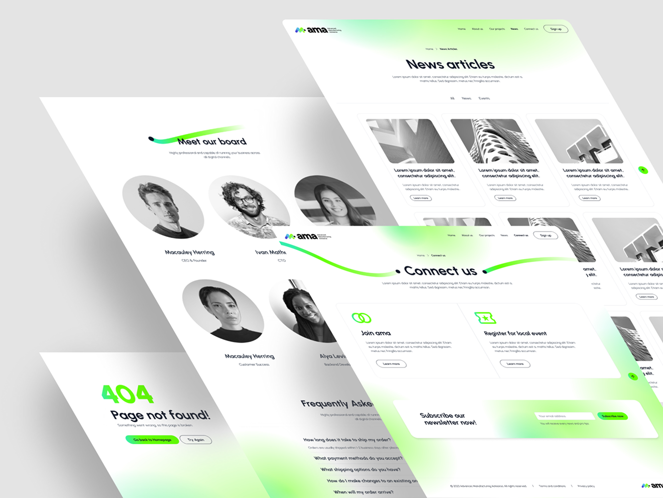 AMA team, contact, news, FAQ and error page designs