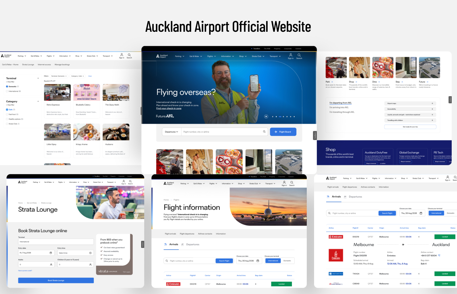 Auckland Airport website experience across desktop pages
