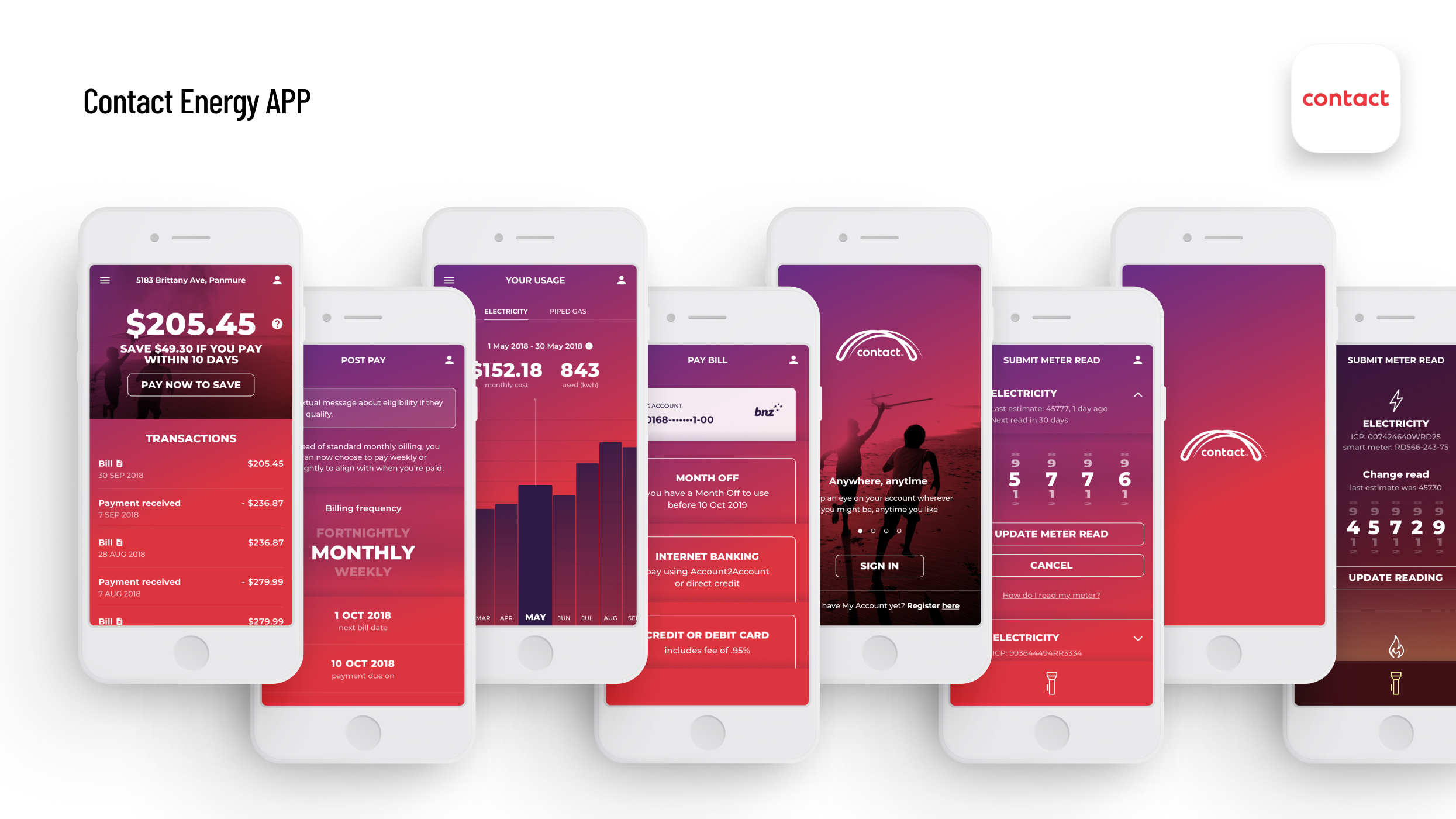 Contact Energy mobile app screens showing transactions, energy usage, payments, sign-in, and meter reading