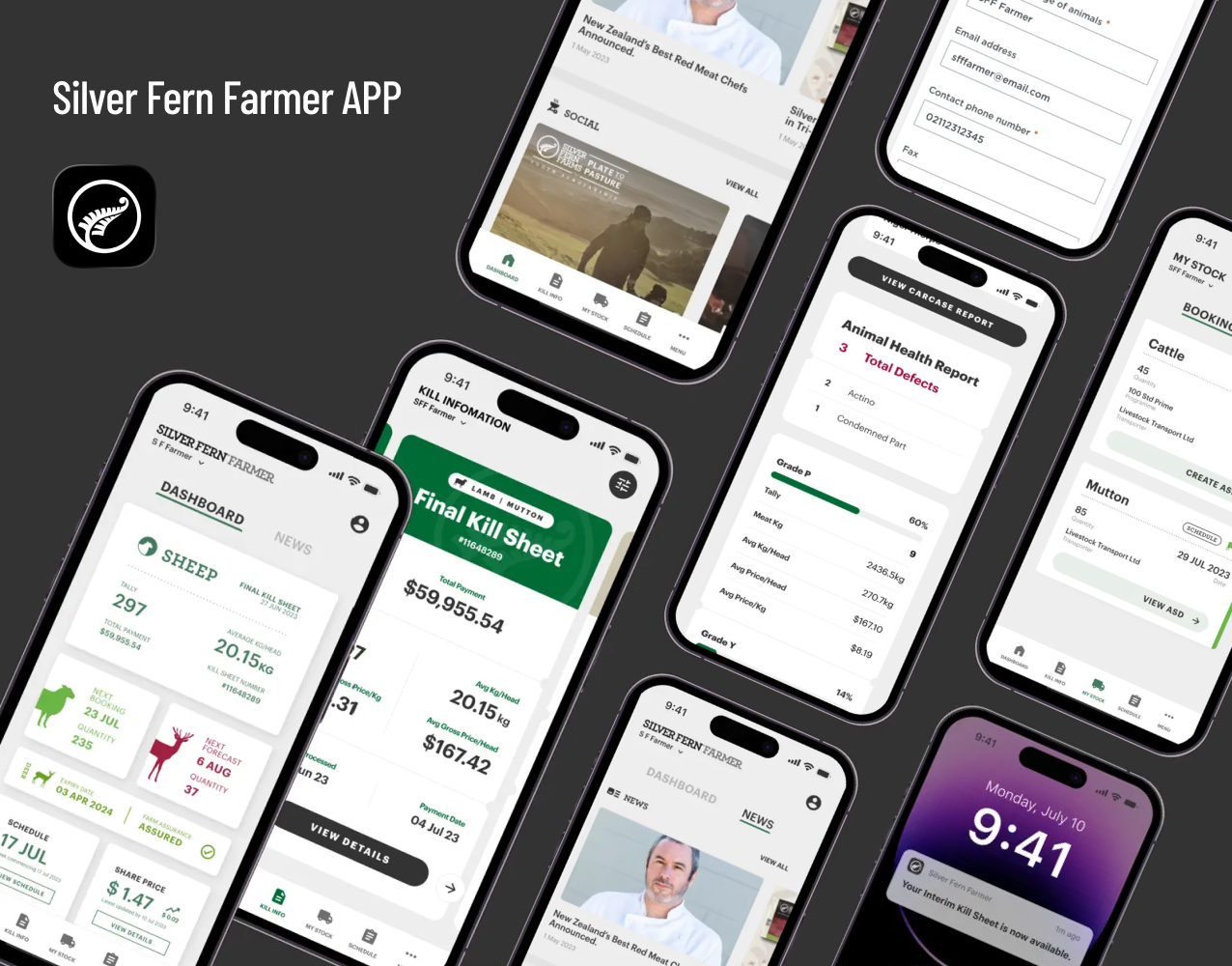 Silver Fern Farmer app screens showing livestock, booking, and account interfaces
