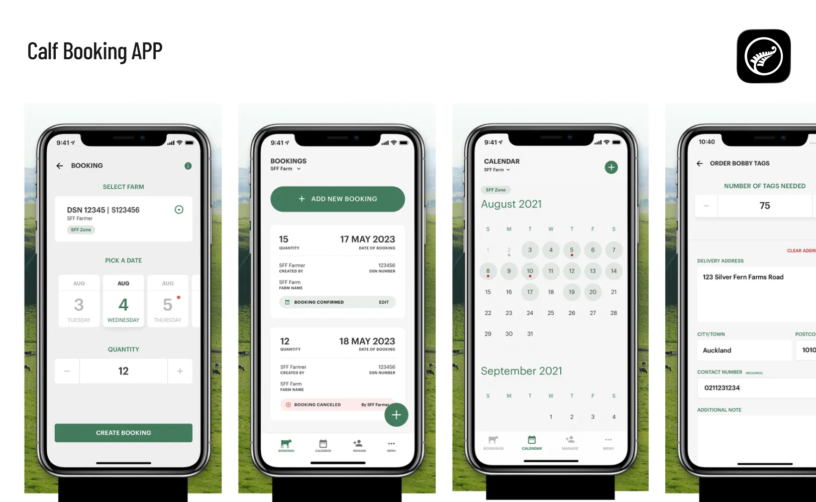 Calf booking app screens showing booking, calendar, and order flows