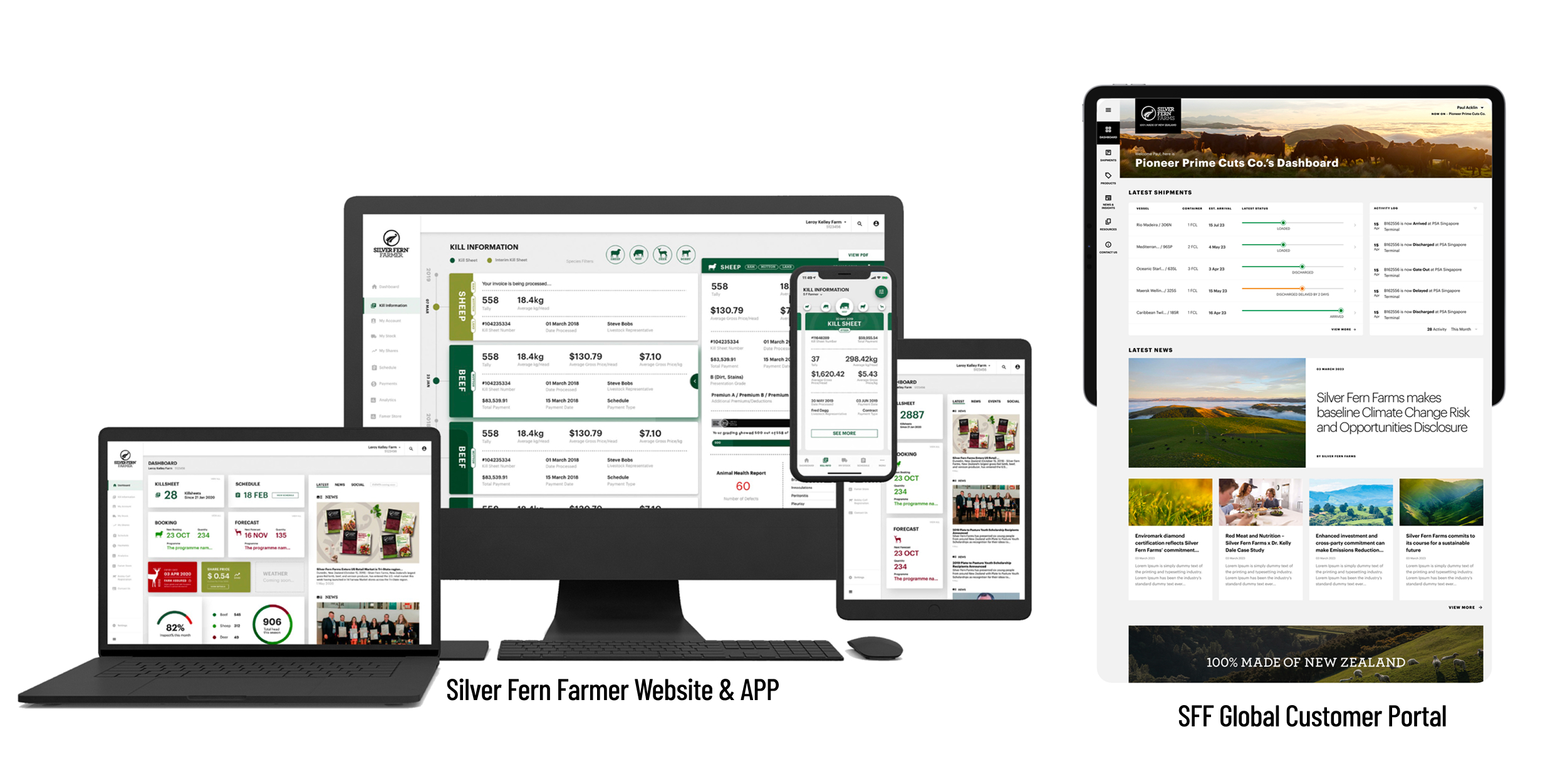 Silver Fern Farms farmer website, mobile application, and global customer portal interface designs
