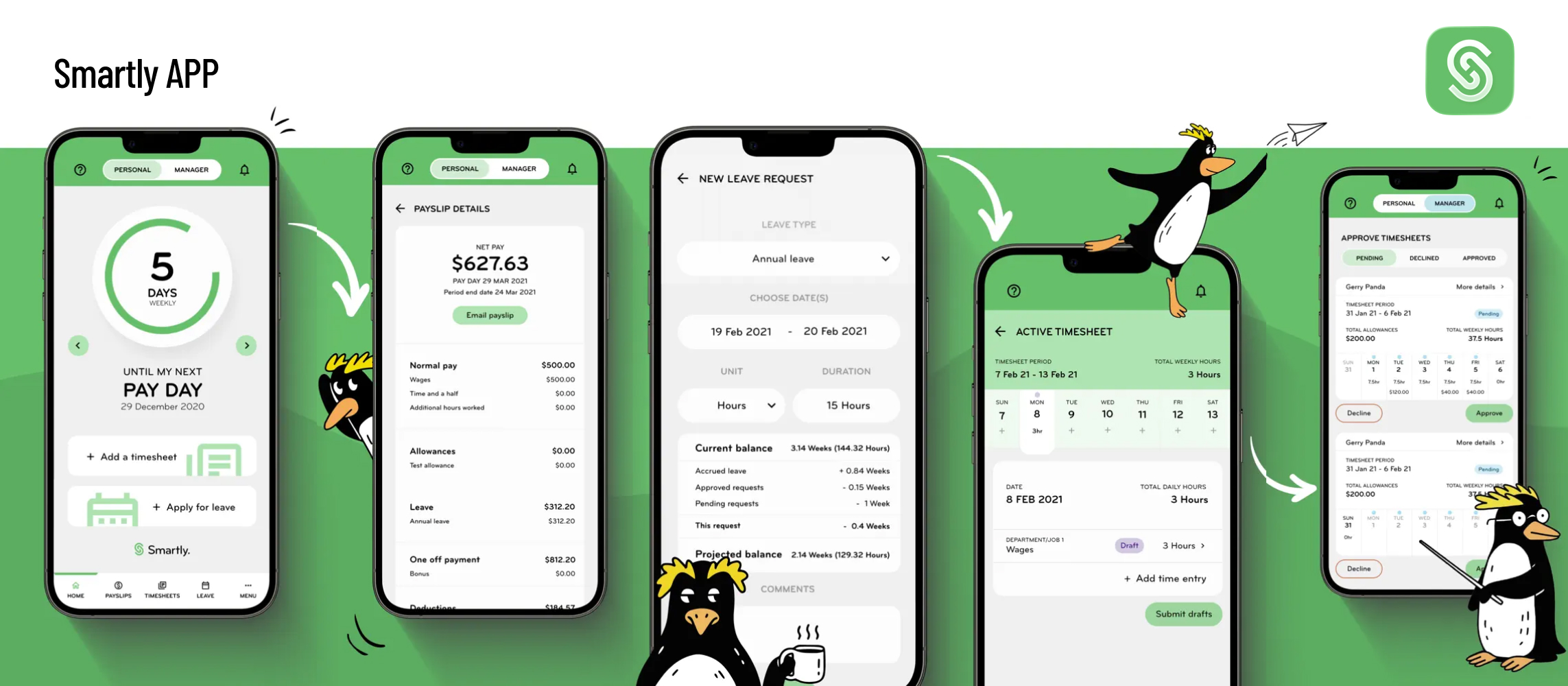 Smartly mobile payroll app screens with illustrated penguin characters