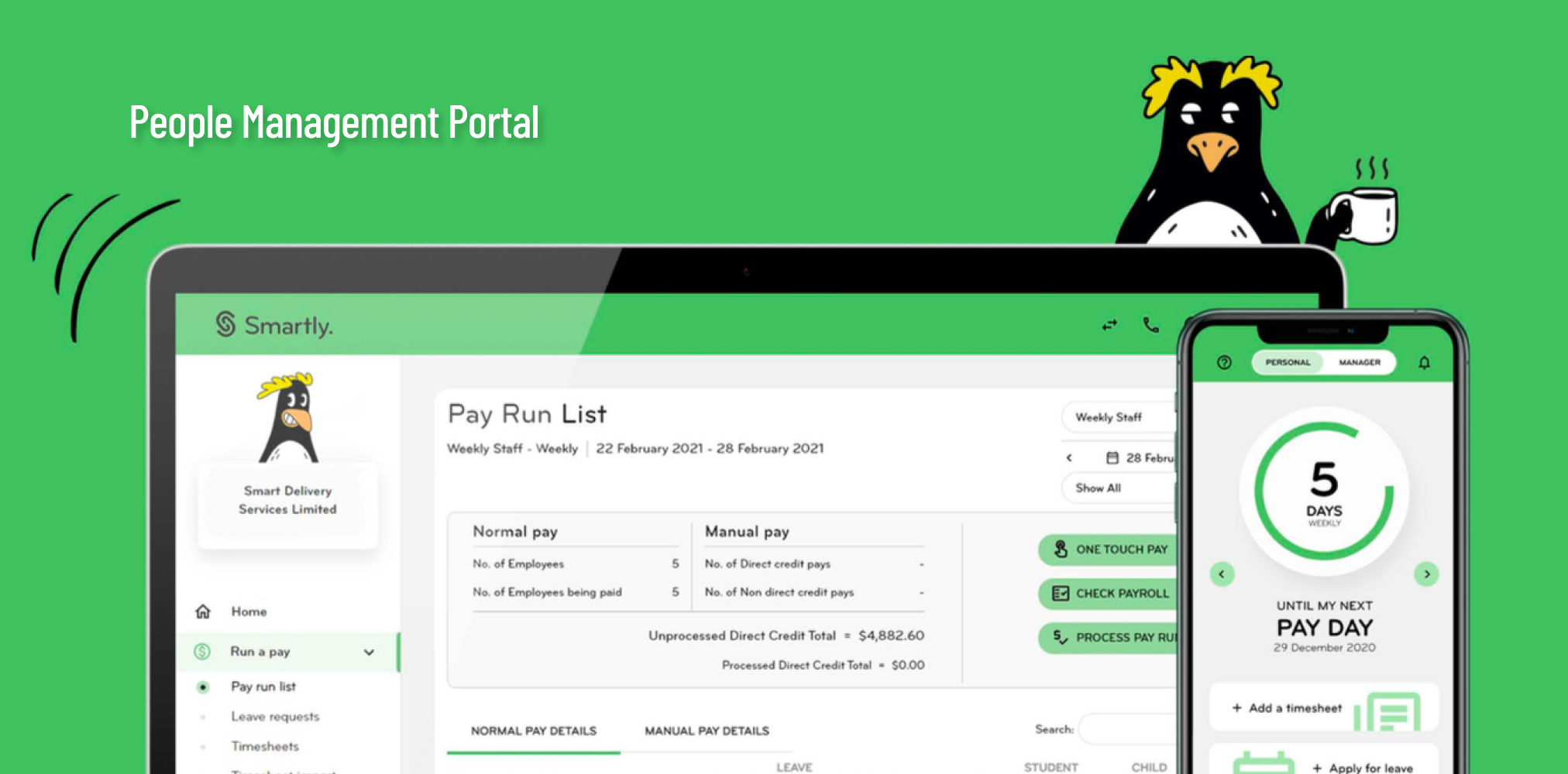 Smartly people management portal and mobile payday dashboard