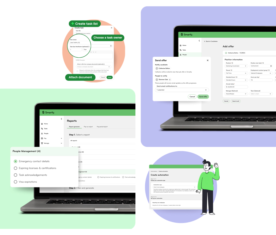 Smartly brand identity system showing colour palettes, typography, and illustration guides