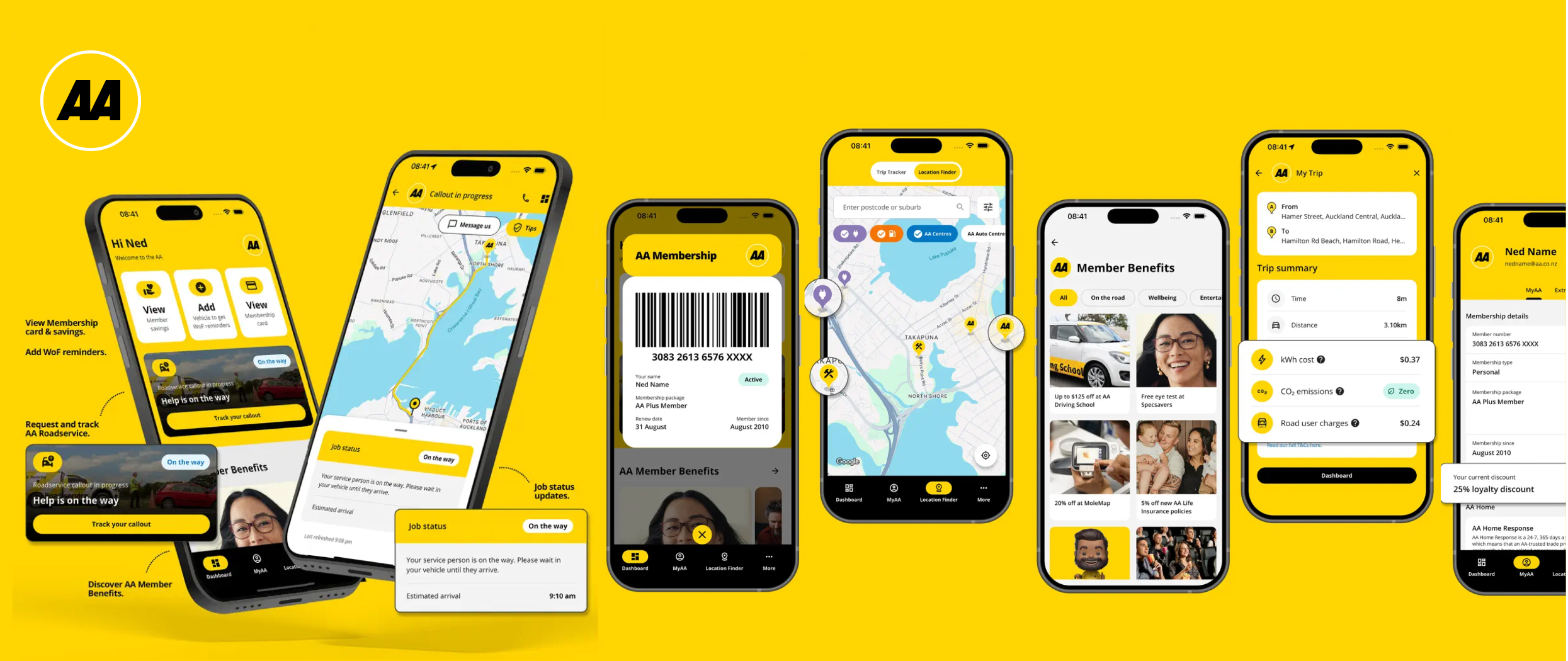 The AA mobile app screens showing membership, roadside assistance, maps, benefits, and trip information