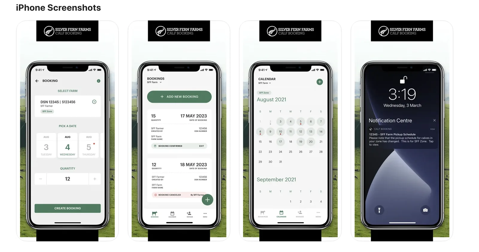 Calf booking app screens